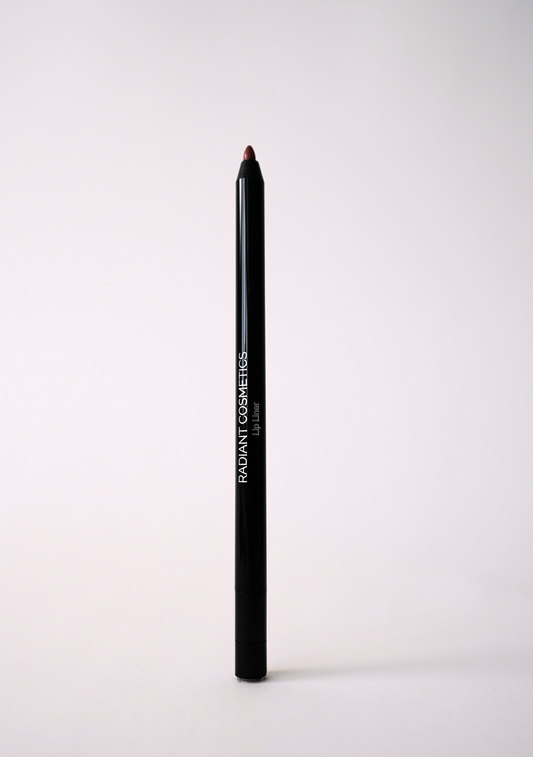 ‘Booked & Busy’ lip liner pencil in a slim black barrel with “Radiant Cosmetics Lip Liner” printed on the side, standing upright on a light background
