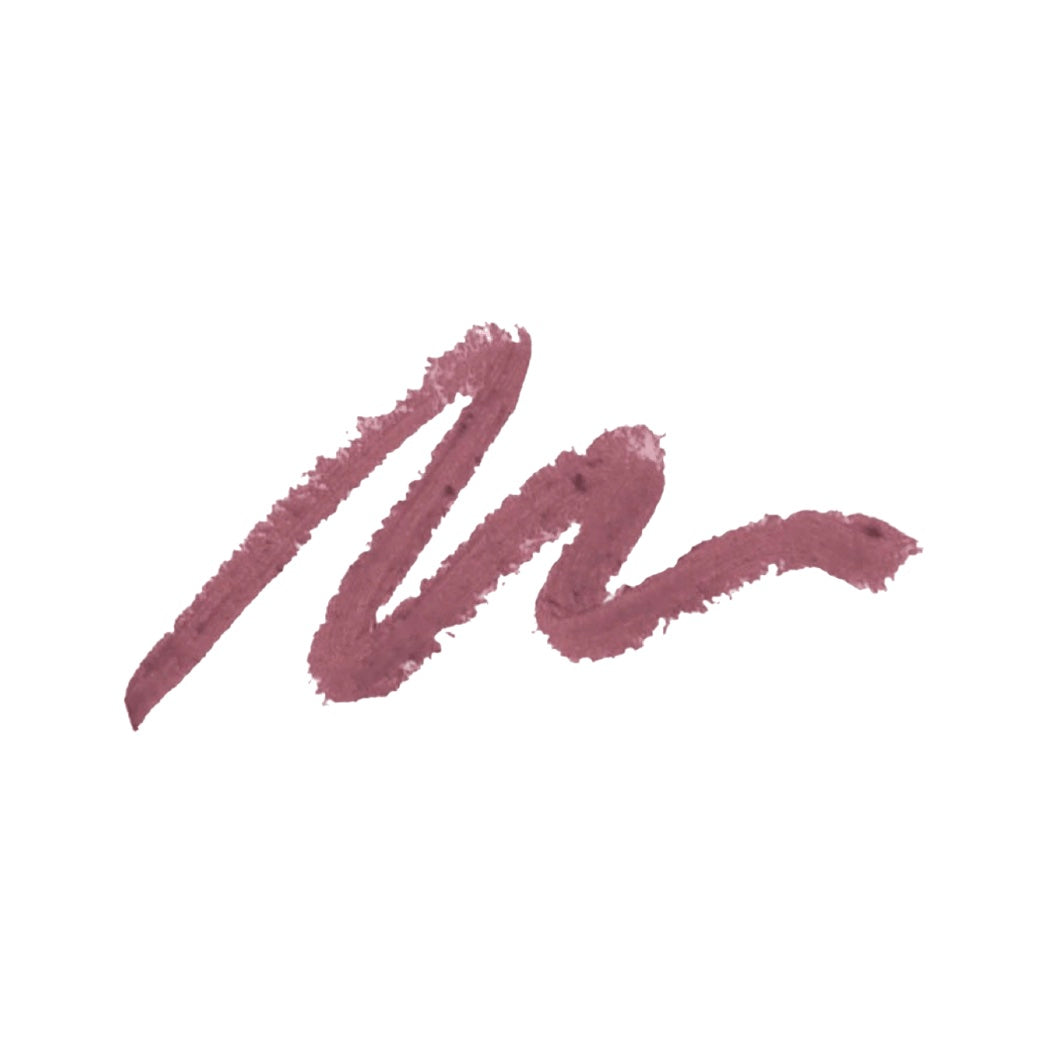 Swatch of ‘Booked & Busy’ lip liner, a dusty mauve shade, drawn as a zigzag line on a white background
